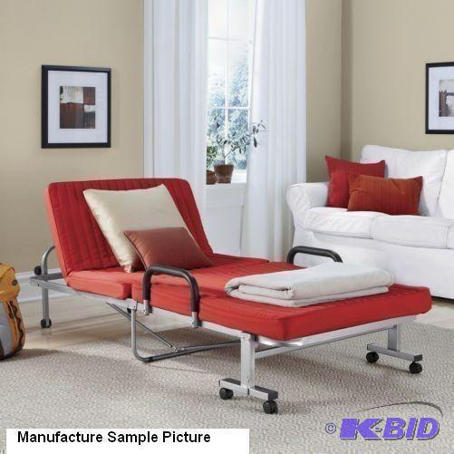 lot 183 image: Red and Silver Folding Bed - Unfold the metal...
