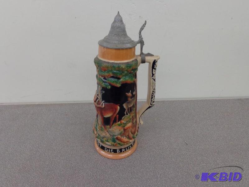 German Beer Stein Woods Scene with Moose, Dee...