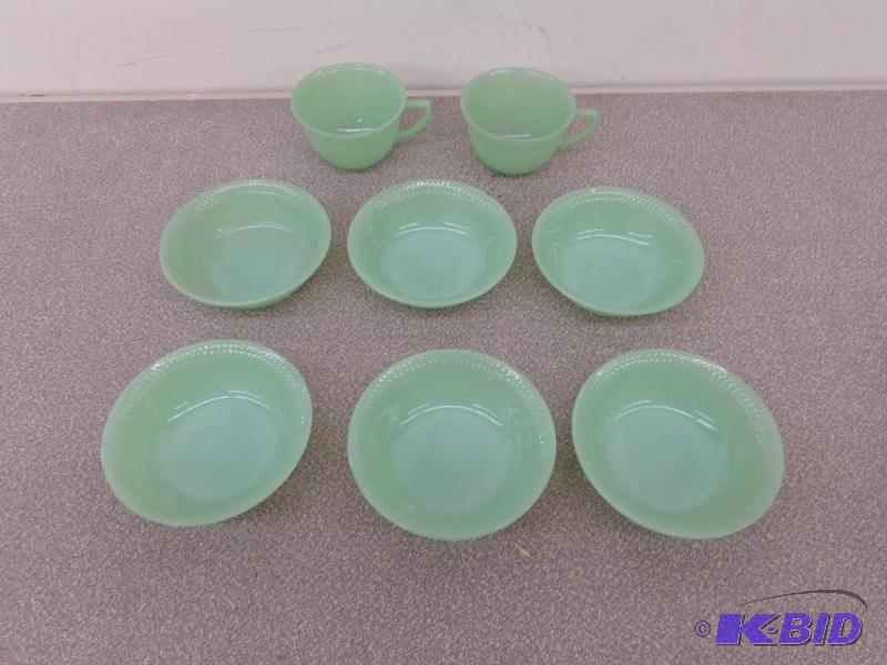 Green Depression Glass Bowls and Cups Fire Ki...