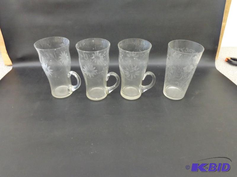 4 Small Cups 3 with handles and Flower Cut Cr...