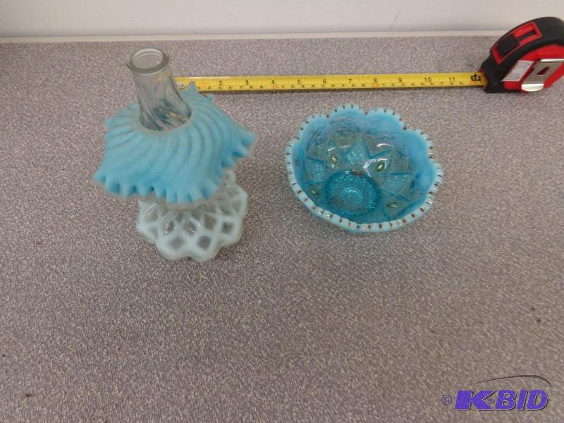 Vintage Oil Lamp And Bowl Blue Bowl with Oak ...