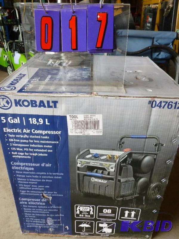 lot 17 image: Kobalt 5 gallon 2 hp twin tank air compressor...