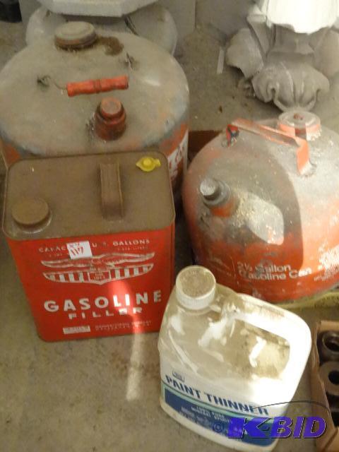 lot 117 image: 3 Metal Gas Cans. Partial Bottle of Paint Thi...