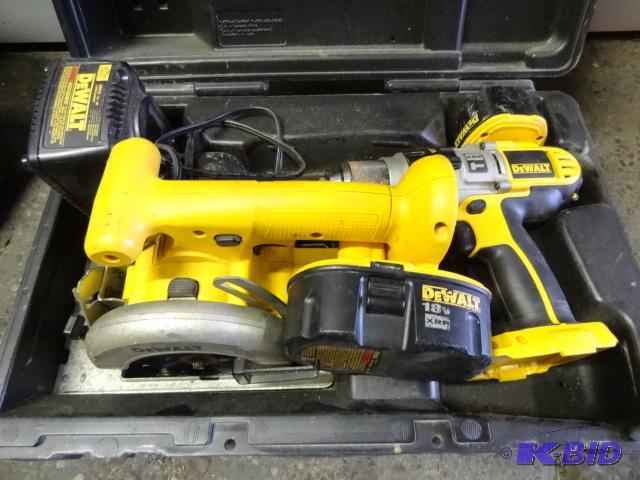 lot 22 image: 18 volt Dewalt drill and circular saw. 2 batt...