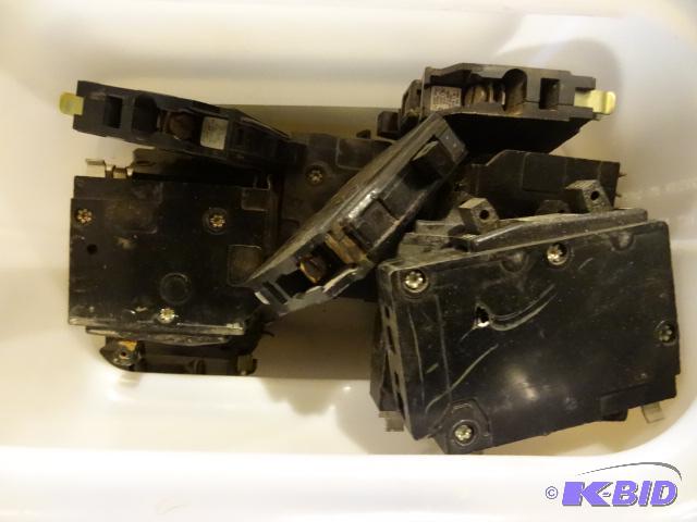 lot 298 image: Bin of Misc. Circuit Breakers. Looks to be al...