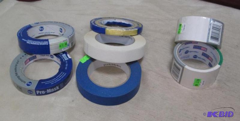 lot 240 image: Qty 7 masking tape, premium strapping tape, a...