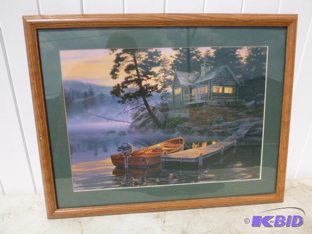 lot 133 image: Cabin by the Lake Framed Print by Bush 20&quo...