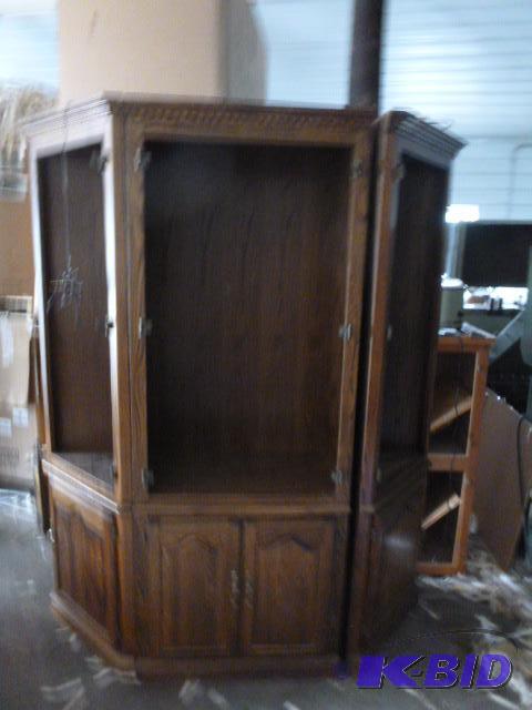 lot 2 image: 3 Piece Oak Hutch Nice hutch with glass shelv...