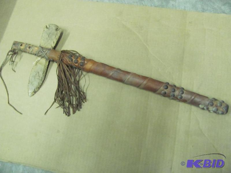 lot 44 image: Wooden and Leather Tomahawk with Stone Blade....