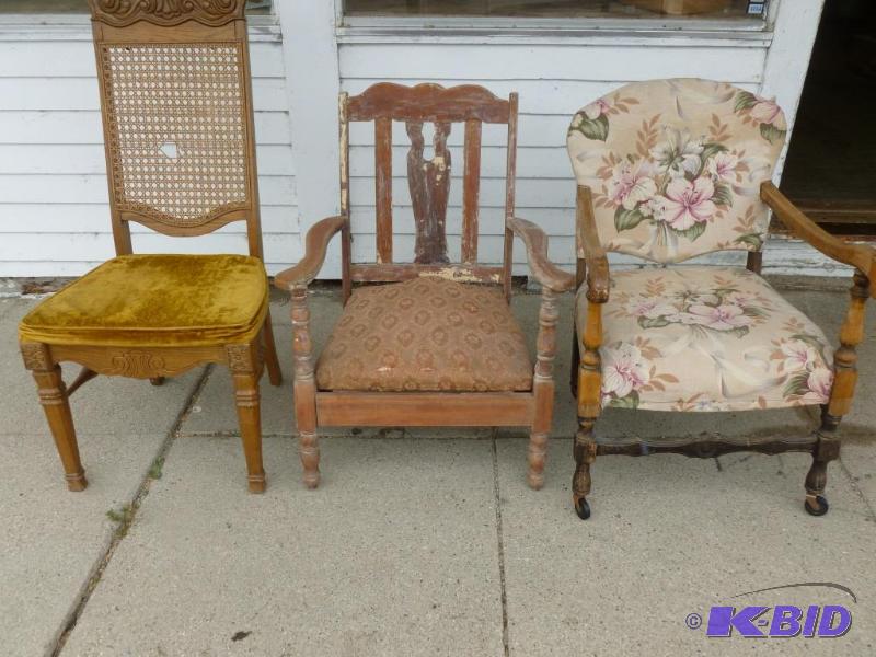 lot 17 image: Lot Of Three Vintage Wood Framed Chairs That ...