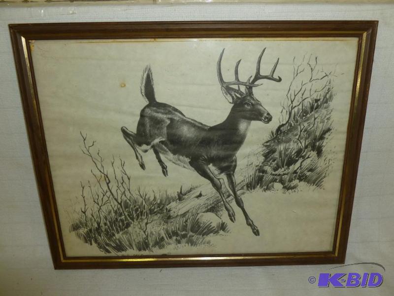 lot 41 image: Bob Dale - Deer framed sketch print that meas...