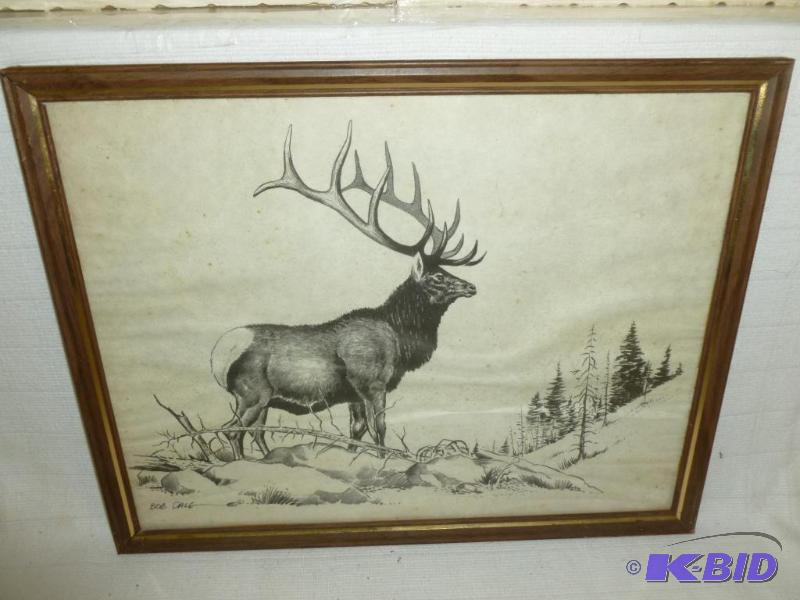 lot 42 image: Bob Dale - Elk, framed sketch print that meas...