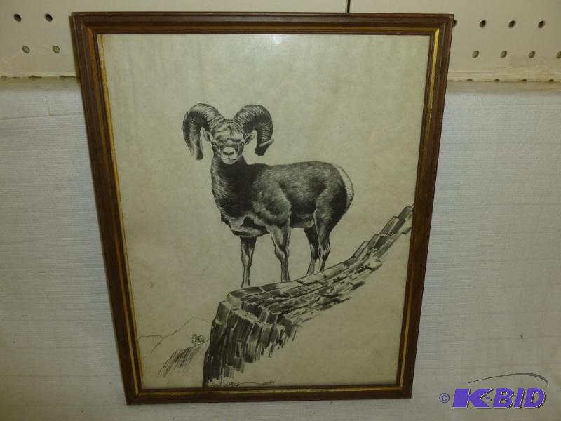 lot 43 image: Bob Dale - Big Horn Sheep, framed sketch prin...