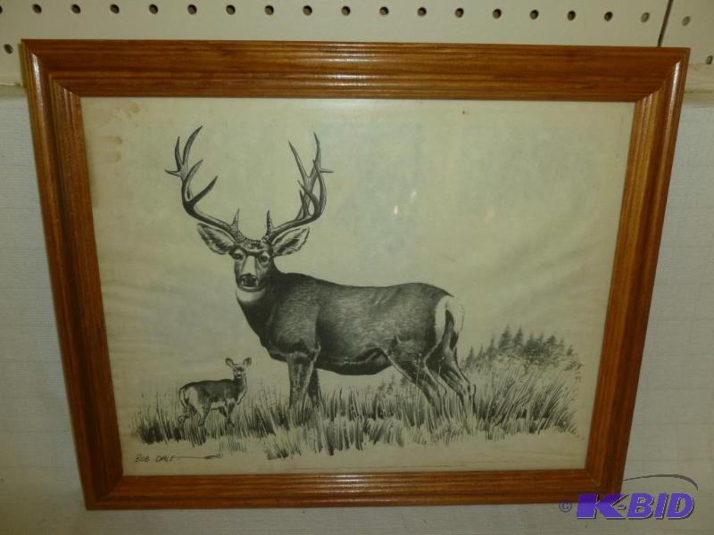 lot 44 image: Bob Dale - Deer, framed sketch print that mea...