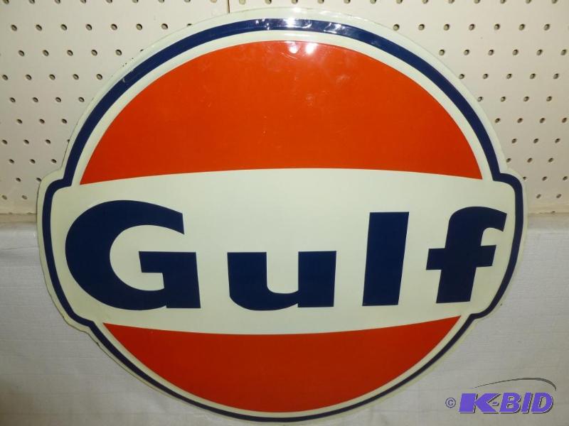lot 5 image: Large Gulf Heavy Gage Embossed Metal Oil Sign...