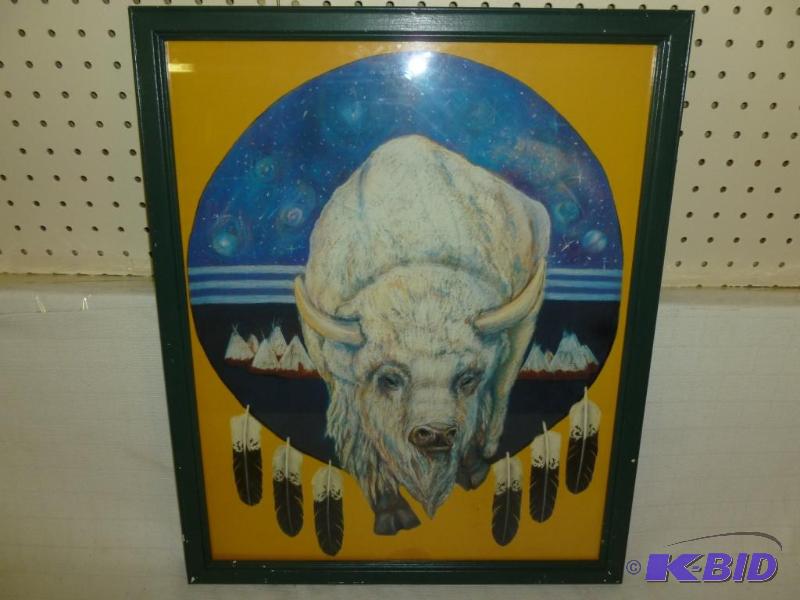 lot 56 image: Large wood framed buffalo picture that measur...