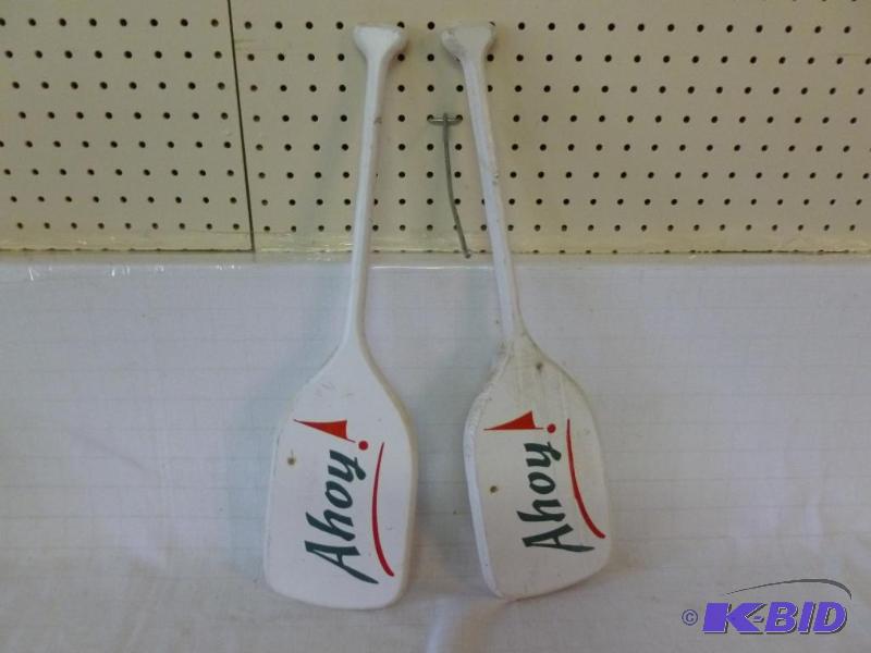 lot 63 image: Lot of two decorative Ahoy wooden wall oars t...