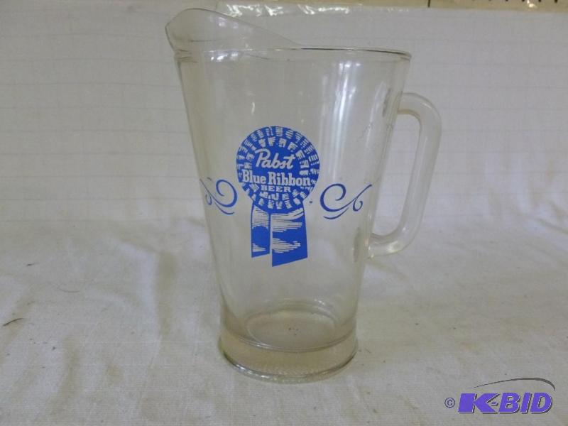 lot 99 image: Large Pabst Blue Ribbon glass beer pitcher th...