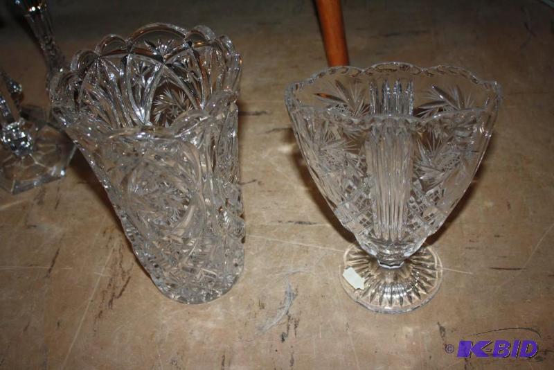 Lot of (2) Vintage Cut Glass Vase Scalloped E...