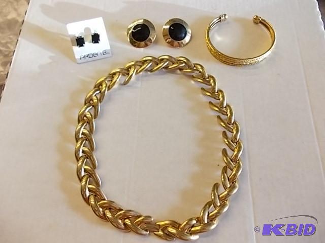 Large Link Necklace, Cuff Bracelet, 2-Pair Pi...