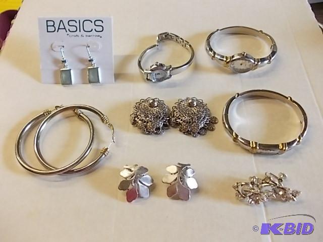 Lot Of Assorted Silver Tone Jewelry 2-Watche...