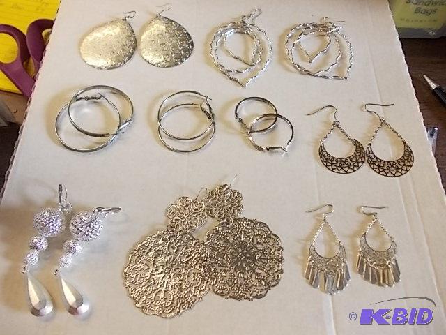 9-Pair Assorted Silver Tone Earrings...