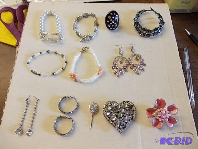 4-Bracelets, 3-Big Rings, 4-Pair Rhinestone P...