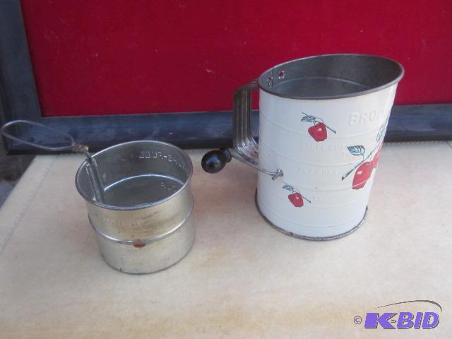 Pair of flour sifters, including 1940s Brom...