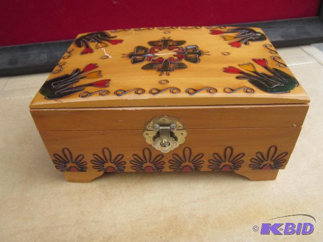 Engraved and painted vintage wooden jewelry b...