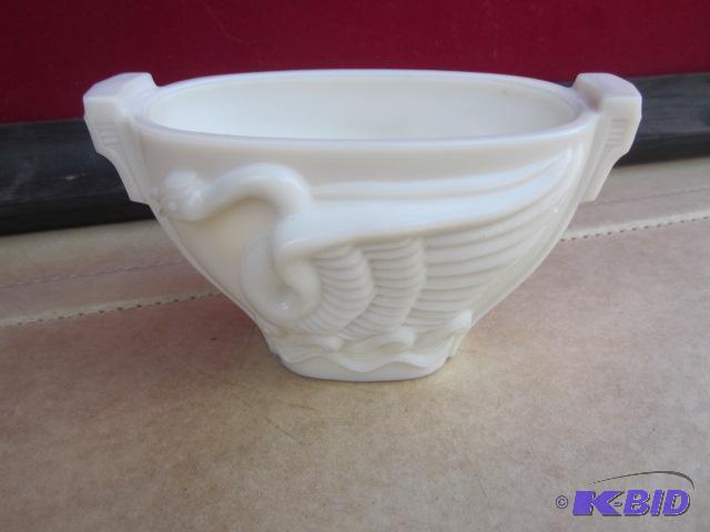 5 inch swan engraved milk glass, server....