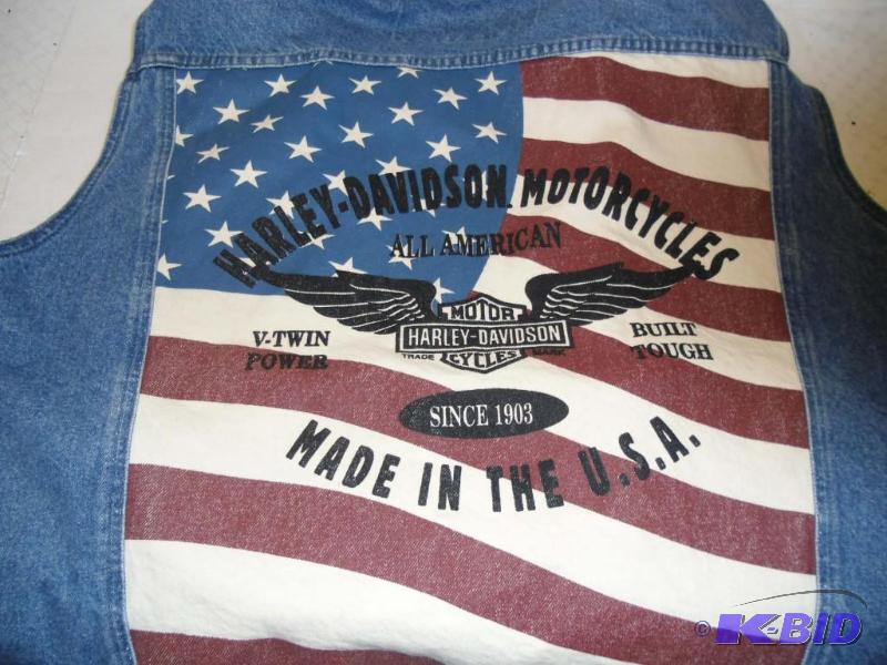 lot 20002 image: Harley Davidson Motorcycles All American US Flag Blue Jean Vest Size 2 XL