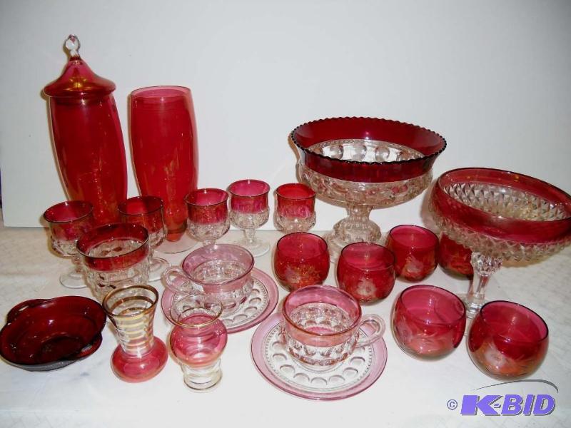 lot 20007 image: Vintage Flash Rim Cranberry Ruby Red Compotes Cup & Saucer Apothecary Jar Dish Indiana Glass