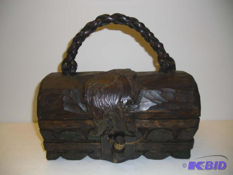 lot 20009 image: Unique Amazing Hand-Carved Wood & Tooled Leather Purse Signed