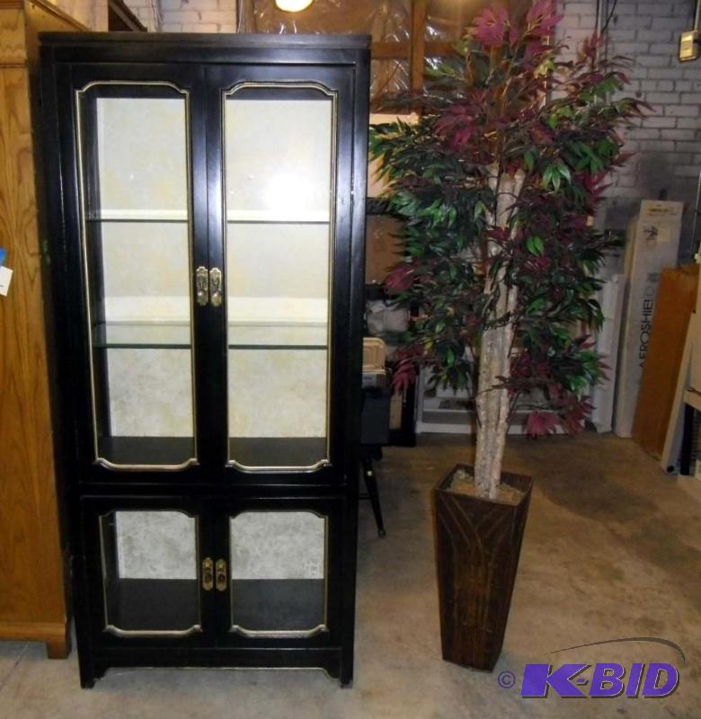 lot 20018 image: Asian Design Lighted Glass Display Cabinet -Black, Gold Accents, 4 Doors Brass Handles