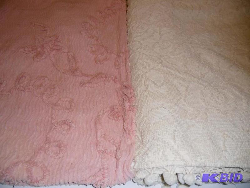 lot 20019 image: 2 Vintage Bedspreads Pink Chenille & White Fieldcrest Cotton with Dingle Ball trim Twin Size