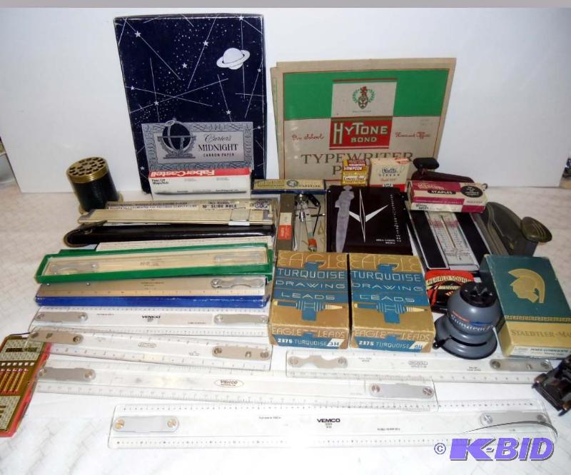 lot 20023 image: Vintage Office Drafting Tools Slide RulesDrawing Leads Staplers  Bates Bruning Staedtler Vemco K  E