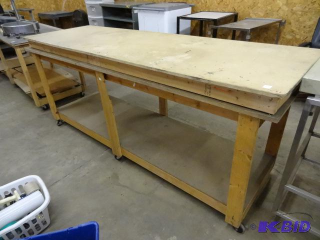 lot 77 image: Wood Work Bench on Wheels. 96 x 31 x 41...