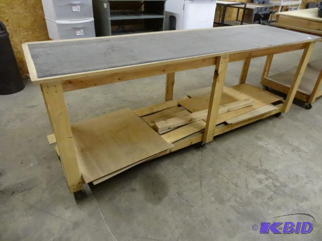 lot 82 image: Wood Work Bench on Wheels. 97 x 30 x 36...