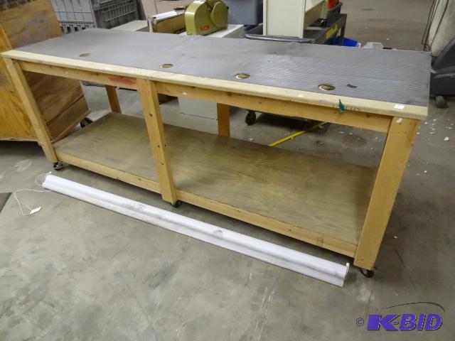 lot 86 image: Wood Work Bench on Wheels. 96 x 30 x 36...