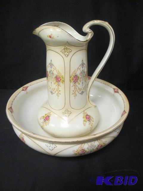 lot 00029 image: Antique Crown Devon Art Nouveau Wash Bowl and Pitcher