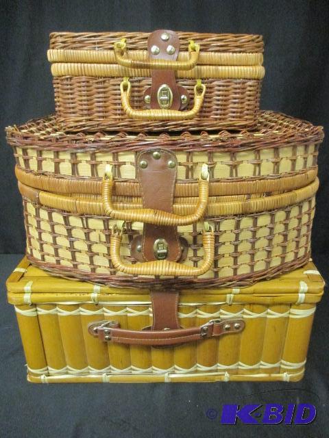 lot 34 image: Group of 3 Wicker Bamboo Picnic Baskets