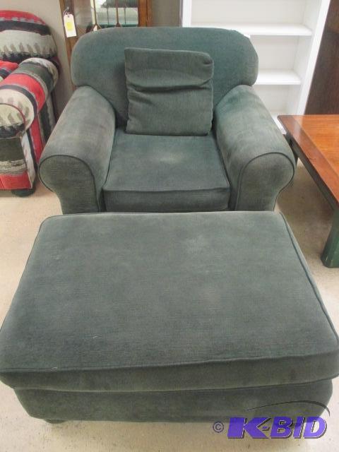lot 56 image: Green Upholstered Chair and Ottoman