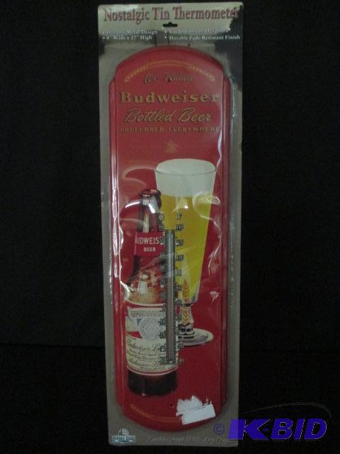lot 67 image: Brand New in Box Tin Budweiser Thermometer Bud