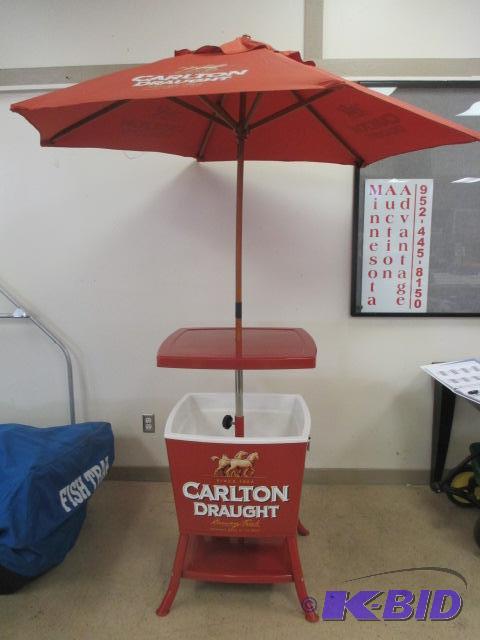 lot 70 image: Patio Pub Table w Cooler Umbrella Carlton Draught Beer