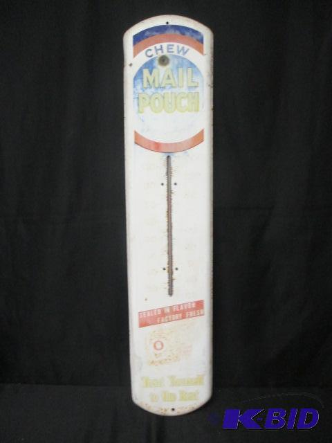 lot 84 image: Group of 3 Vintage Advertising Signs Wood Tin Thermometer Tobacco Auto