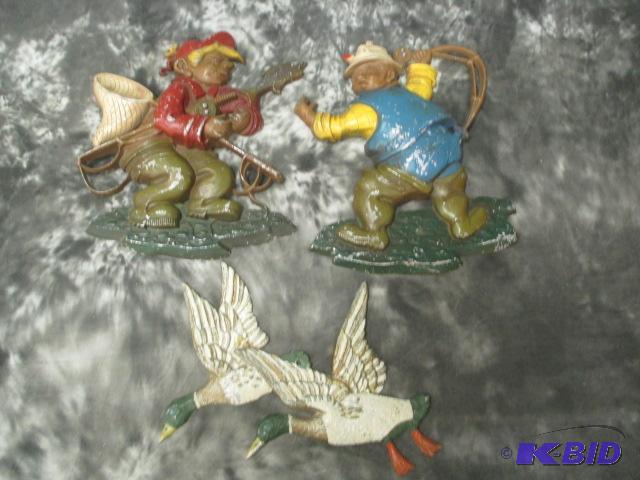 lot 21 image: Lot of 3 Metal Wall Plaques Fisherman Ducks Fishing Sexton Metalware