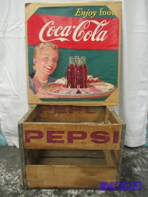 lot 62 image: Vintage original Coke poster and Pepsi crate