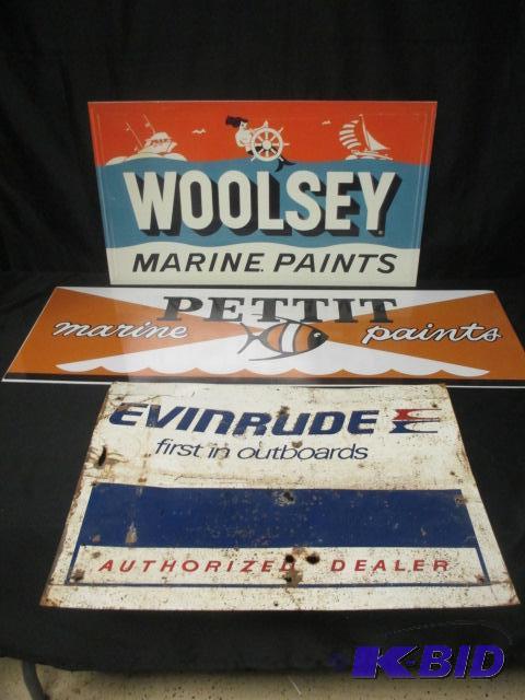 lot 63 image: Vintage Evenrude  tin sign-with two reproduction signs