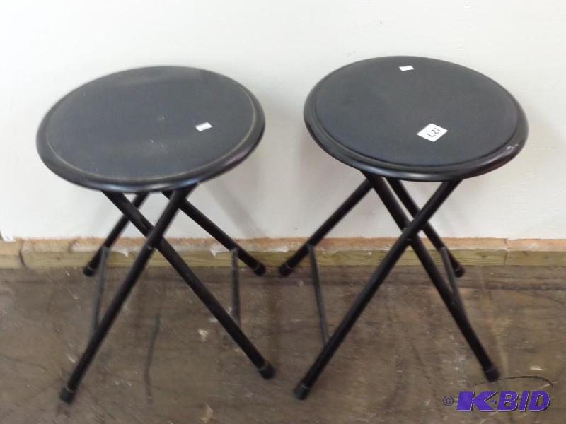lot 127 image: 2 Black Fold Up Stools Padded Seats 18" ...