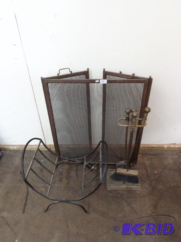 lot 131 image: Brass Fire Place Tool Set Screen 30" x 5...